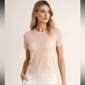 Theory Lilany Refine Silk & Merino Wool Sheer Knit Top Nude Blush Lace Hem Sz P